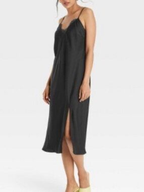 Black Lace Trim Slip Dress NWT A New Day | Midi Satin Effortless Chic